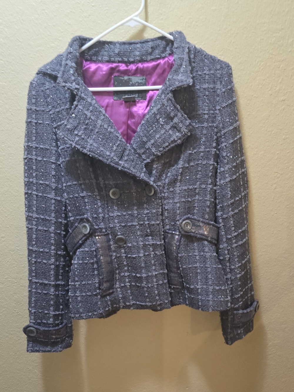 BKE Gray Tweed Double-Breasted Blazer with Pink Lining